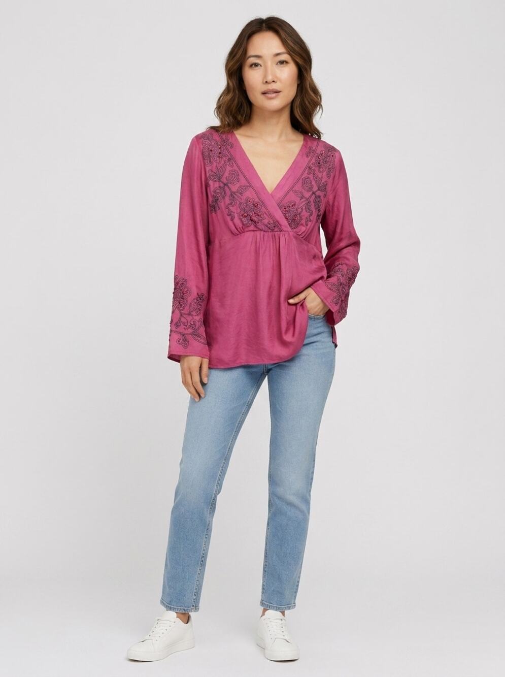 New York City Design 100% Silk Pink Embroidered Beaded Blouse Women Size L